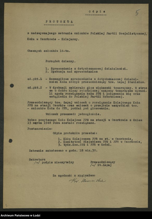 Obraz 6 z jednostki "Koło kolejowe PPS Ozorków- protokoły zebrań, protokoły [z narad] międzypartyjnych. [Sprawozdania]"