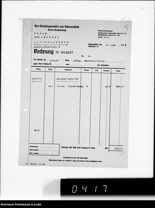 Obraz 13 z jednostki "Firma Otto Sabbert Litzmannstadt IV Warenverwertung an den Juden-Ältesten. Kinderhüte, Mützen"