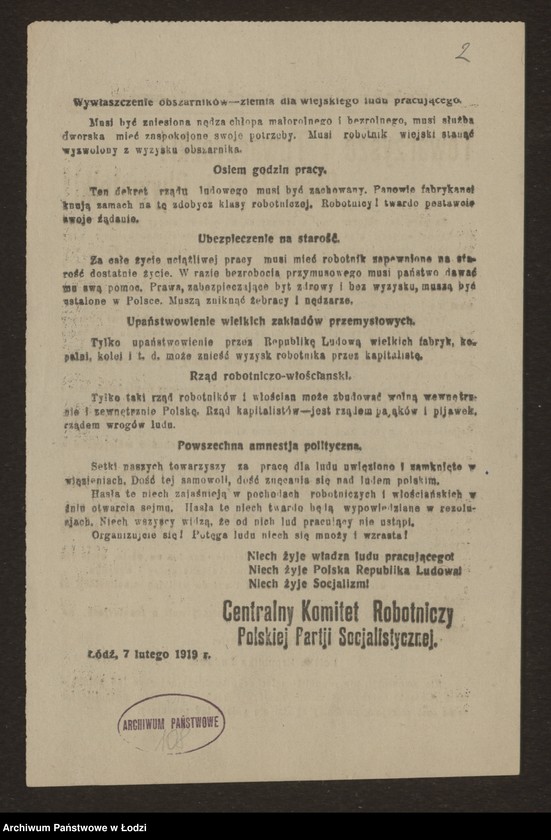 Obraz 2 z jednostki "[Odezwa Polskiej Partia Socjalistyczna zachęcająca do udziału w manifestacji z okazji posiedzenia Sejmu Ustawodawczego]"