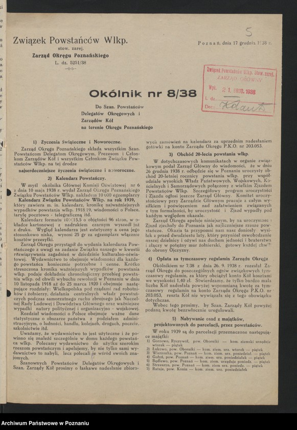 Obraz 10 z jednostki "Okólniki własne Zarządu Głównego Związku Powstańców Wielkopolskich."