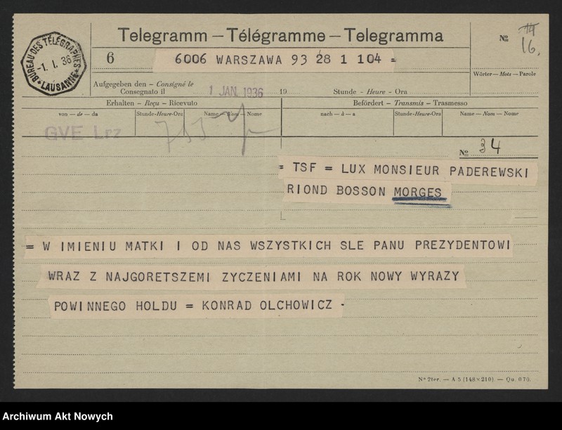 image.from.unit.number "Olchowicz Konrad (redaktor naczelny "Kuriera Warszawskiego"); Załączniki: telegramy do M. Borzęckiego i J. Piątkowskiej - Lübke; L.24 (odpowiedzi - rękopisy, maszynopisy)"