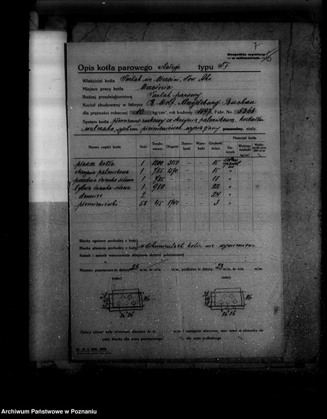 Obraz 12 z jednostki "1/ Tartak parowy we Wrześni- Towarzystwo Akcyjne Nr porządkowy kotła 11 /Młyn J. Hadyniaka w Tomicach powiat poznański"