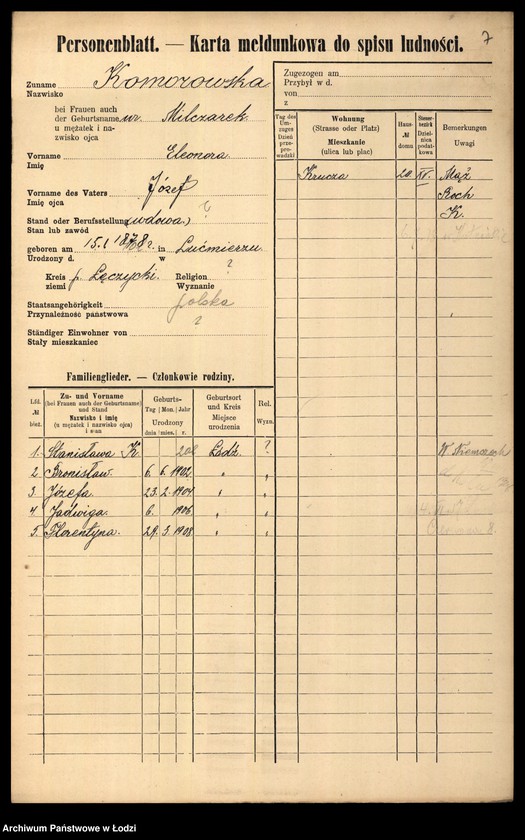 Obraz 9 z jednostki "[Spis ludności Łodzi] Komorowska - Kon"