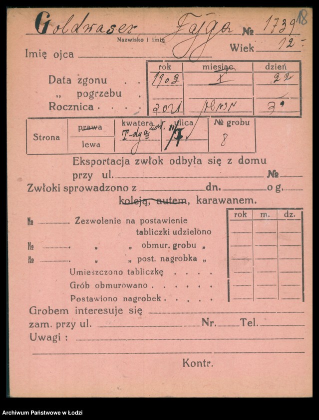 Obraz 19 z jednostki "Kartoteka osób pochowanych na cmentarzu żydowskim przy ulicy Brackiej w latach 1892-1959. Nazwiska na litery: Goldw-Gö"