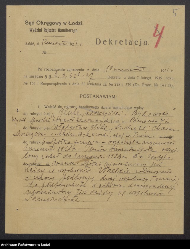 Obraz 7 z jednostki "Władysław Glube, Chaim Leszczyński, Abram Bykowski- wyrób i sprzedaz towarów bawełnianych"