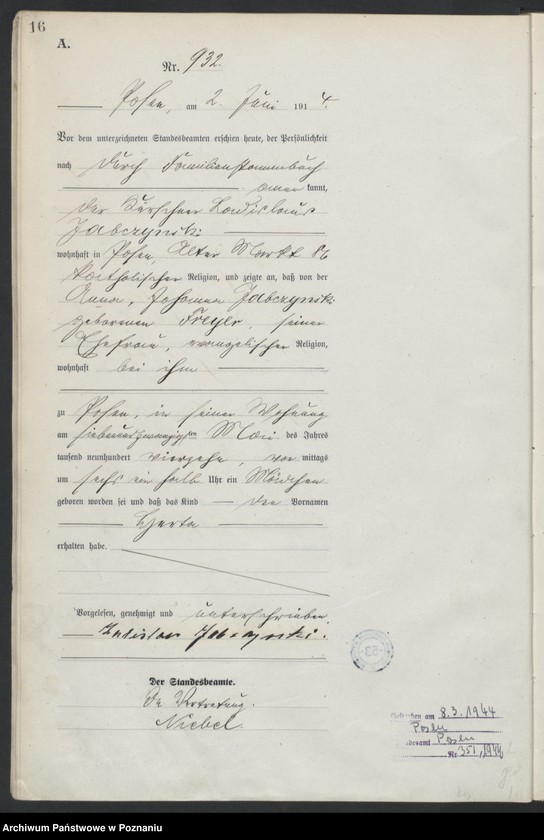 Obraz 18 z jednostki "Księga miejscowa urodzeń tom III[Rejestr główny urodzeń]"