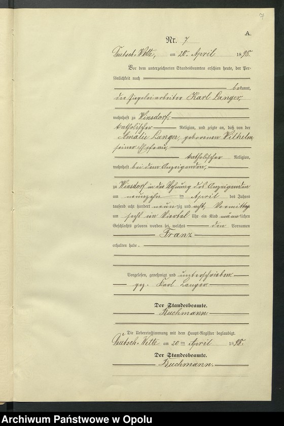 Obraz 11 z jednostki "Geburts-Neben-Register des Standesamts Deutsch Wette pro 1898"