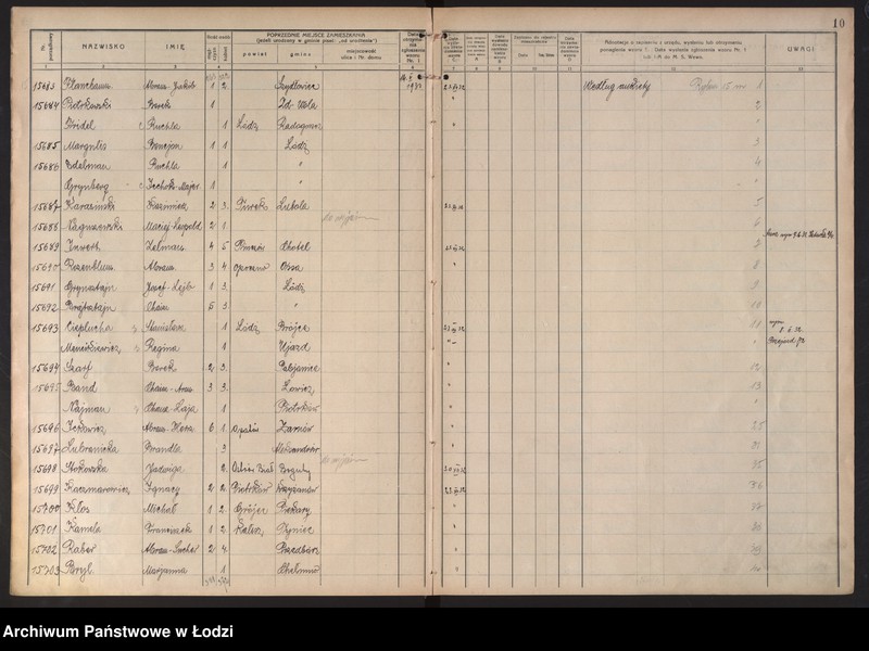 Obraz 14 z jednostki "Księga kontroli ruchu ludności (rejestr osób przybywających do gminy) Łódź, komisariat III, ks. VIII, nr 15533-17398"