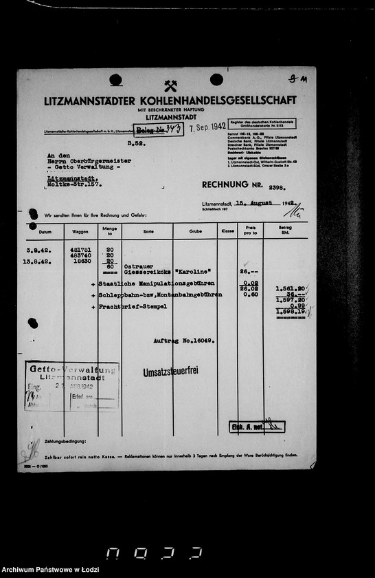 Obraz 14 z jednostki "Aufträge, [Lieferscheinen und Rechnungen] 14731-16050 [Dostawy żywności do Getta]"
