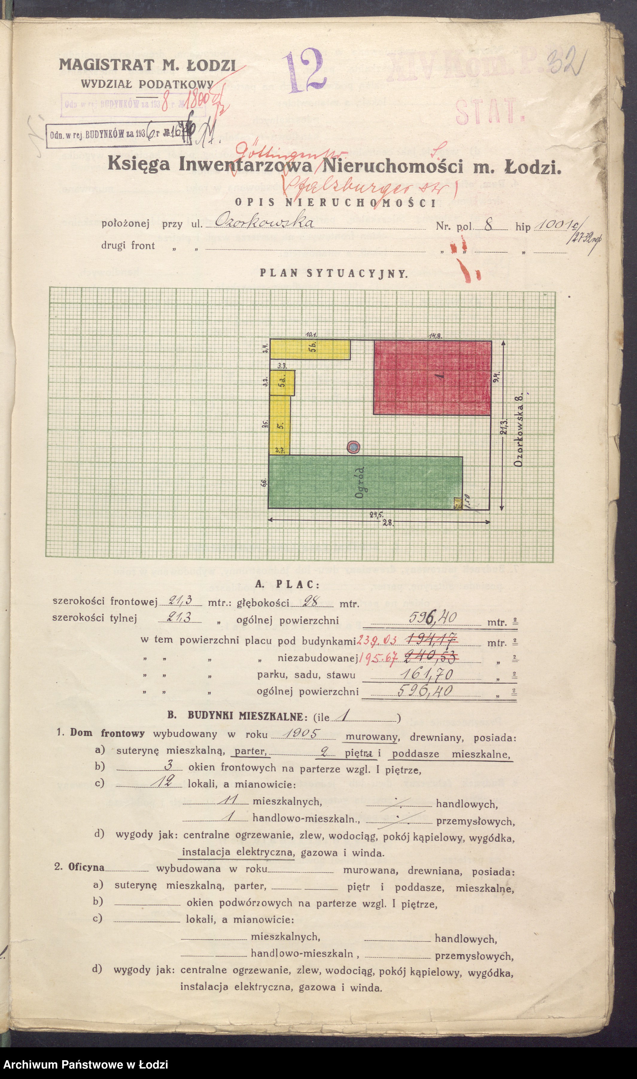 Skan z jednostki: Księga inwentarzowa nieruchomości m. Łodzi ul. Ozorkowska