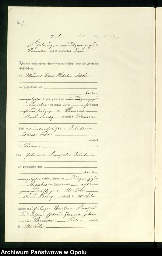 Obraz 5 z jednostki "Heiraths-Neben-Register Standes-Amt Riebnig 1903"