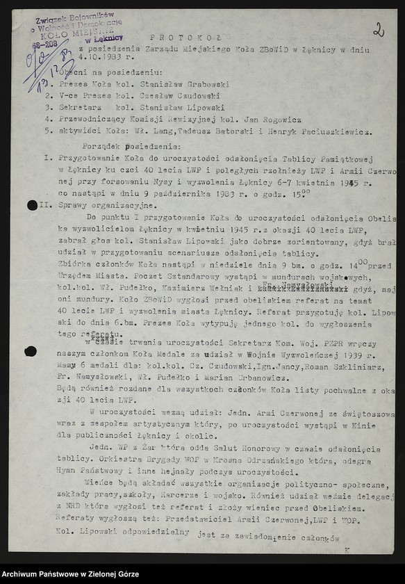 image.from.unit.number "Protokóły z posiedzenia Zarządu Miejskiego Koła ZBoWiD w Łęknicy z 1983 r"