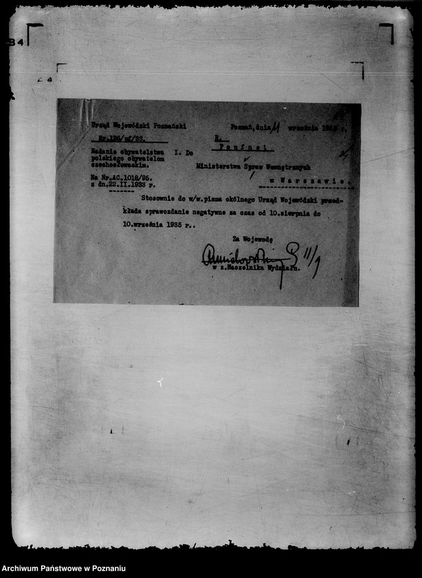 Obraz 20 z jednostki "Zbiór /sprawozdań do Ministerstwa Spraw Wewnętrznych dotyczące nadania obywatelstwa polskiego obywatelom czechosłowackim"