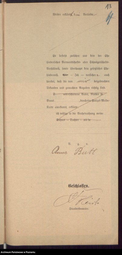 Obraz 15 z jednostki "Die von den Verlobten beigebrachten Urkunden zur Eheschliessung pro 1898"