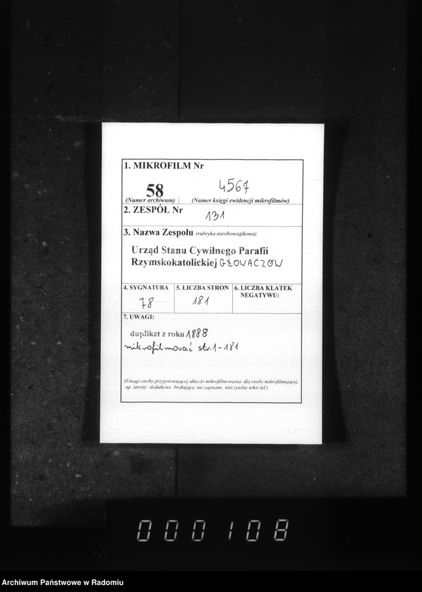 image.from.unit.number "Dublikat aktov graždanskago sostoâniâ ob urodivših, brakosoče6avšihsâ i umerših v prihoda Glovačev za 1888 god"