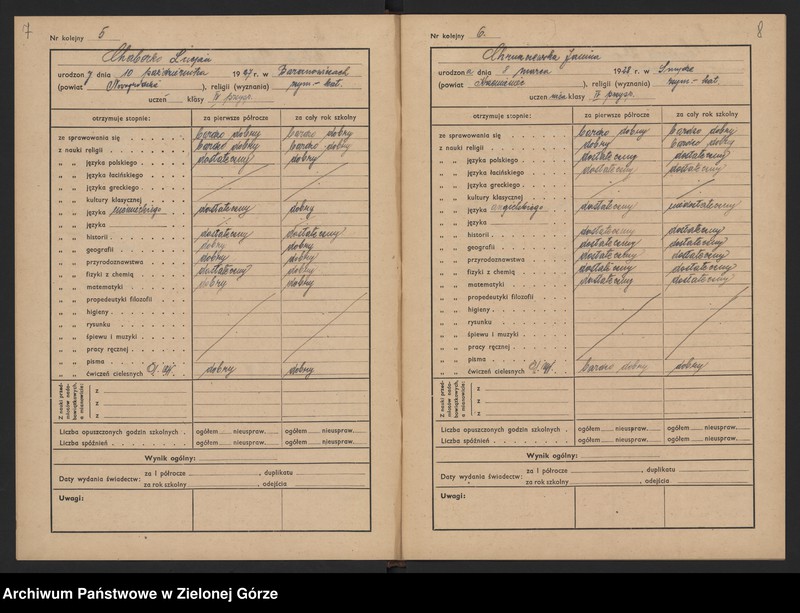 image.from.unit.number "Państwowe Gimnazjum i Liceum Koedukacyjne w Zielonej Górze -katalog główny klasa IV przyśp.- rok szkolny 1945/1946"