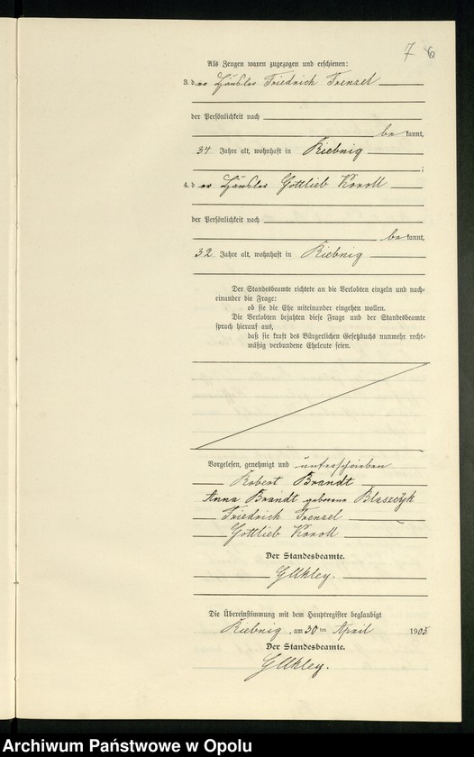 Obraz 10 z jednostki "Heiraths-Neben-Register Standes-Amt Riebnig 1905"