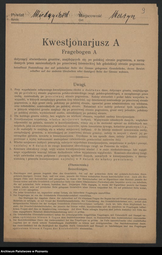 Obraz 9 z jednostki "[Kwestionariusze dotyczące stwierdzenia gruntów znajdujących się po niemieckiej stronie pogranicza a zarządzanych przez zamieszkałych po stronie polskiej] powiat Międzychód"