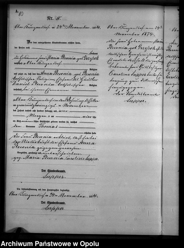 Obraz 13 z jednostki "Geburts-Neben-Register des Standesamtes Kunzendorf 1874"