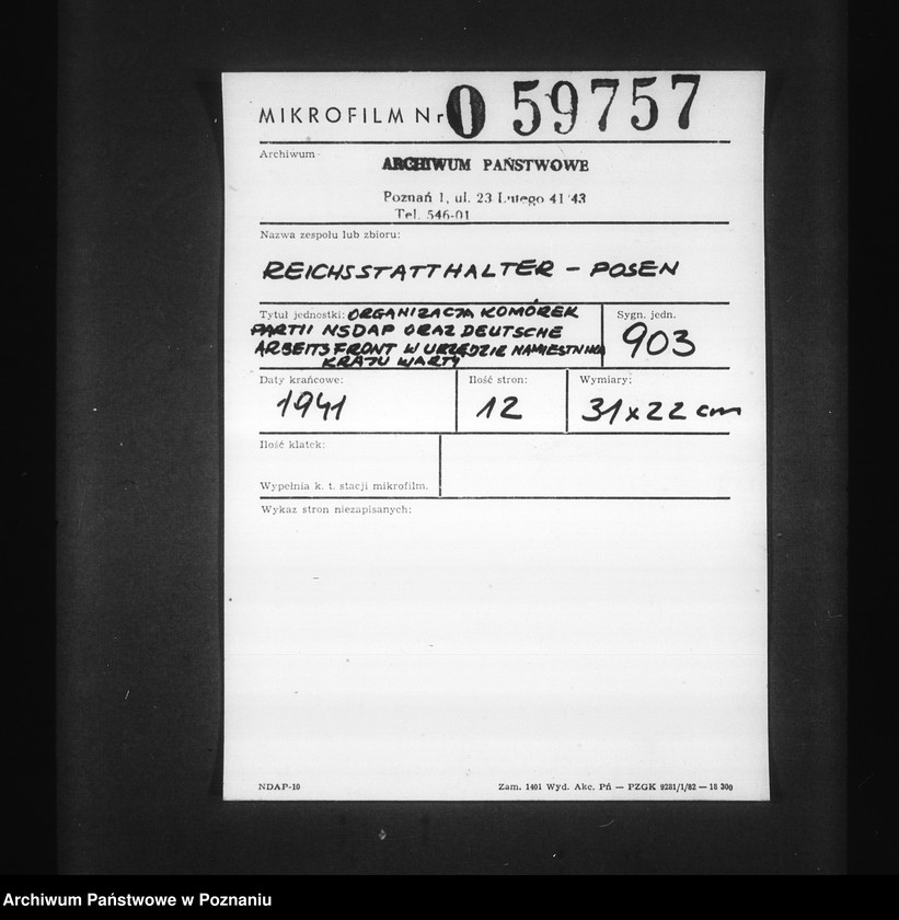 Obraz 2 z jednostki "Organizacja komórek partii NSDAP oraz Deutsche Arbeitsfront w urzędzie namiestnika raju Warty"