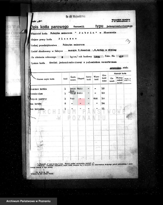 Obraz 7 z jednostki "Fabryka makaronu "Patria" w Pleszewie nr fabr kotła 417, nr woj. kotła 6259"