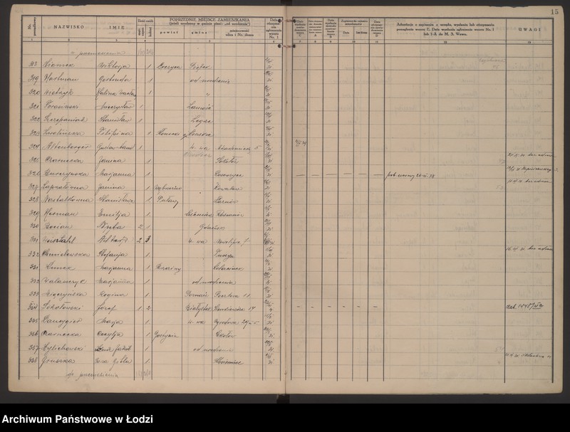 Obraz 18 z jednostki "Księga kontroli ruchu ludności (rejestr osób przybywających do gminy) Łódź, zameldowania pozaankietowe, komisariat V, nr 1-3871"