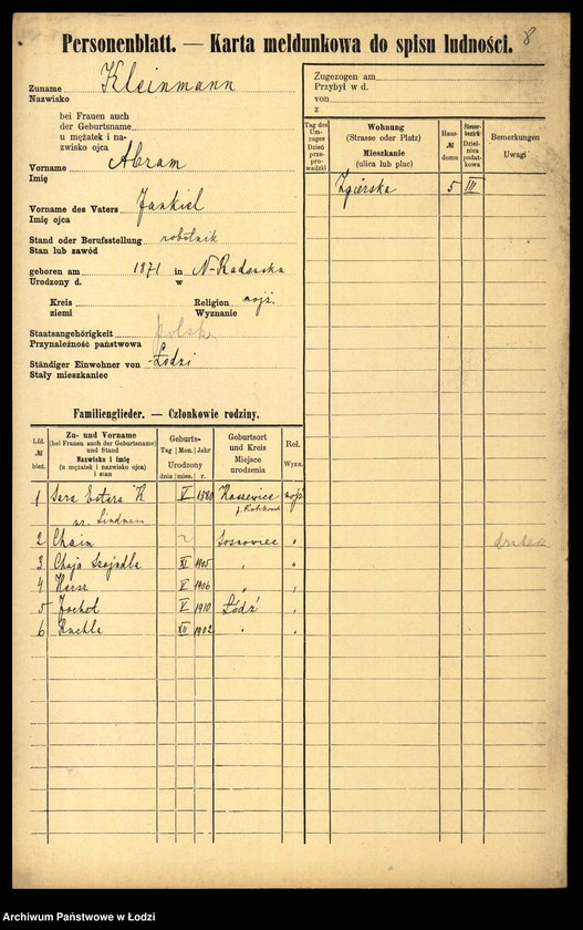 Obraz 10 z jednostki "[Spis ludności Łodzi] Klajnman - Klarman"