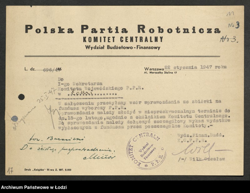 Obraz 12 z jednostki "Korespondencja z [Wydziałem Ogólnym, Budżetowo - Finansowym, Gospodarczym oraz Buchalterią] Komitetu Centralnego"