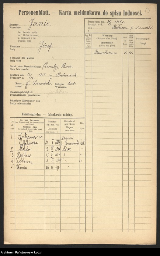 Obraz 15 z jednostki "[Spis ludności Łodzi] Janic - Janiszczak"