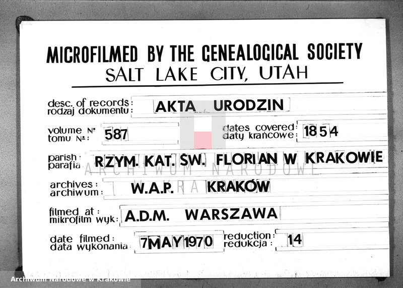 image.from.unit.number "AKTA URODZIN Parafii S go Floryana na Rok 1854"