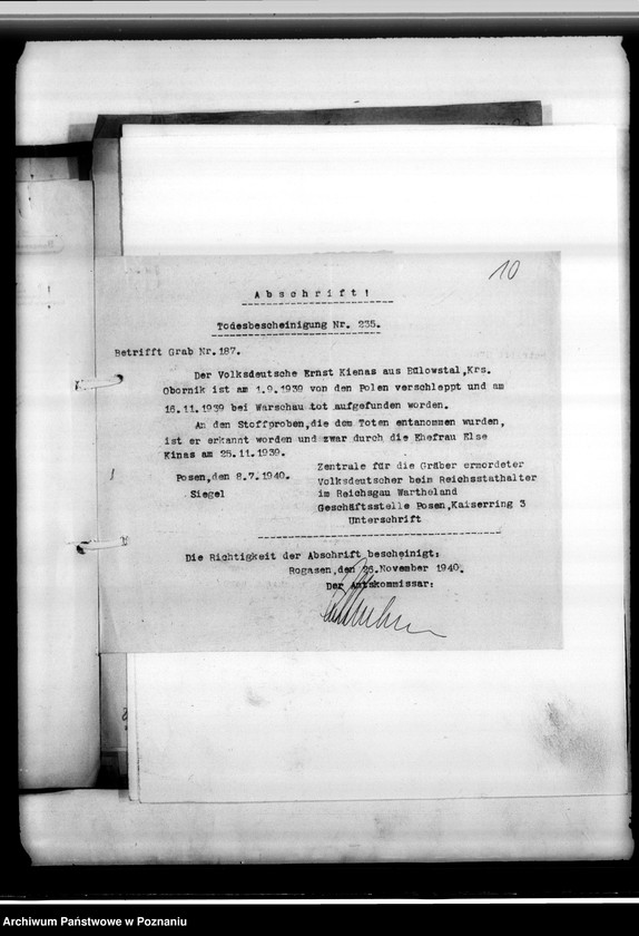 Obraz 14 z jednostki "Im Jahre 1940 beantragte Sterbeurkunden (miejscowych Niemców, którzy zginęli w 1939 roku"