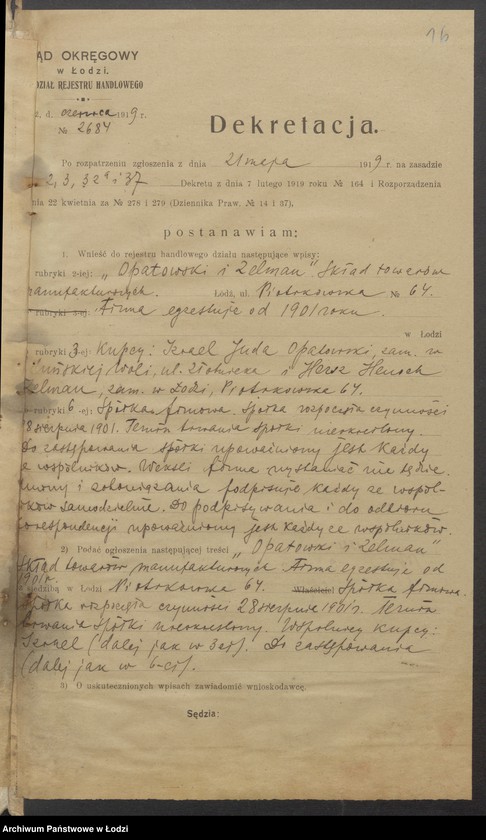 Obraz 18 z jednostki "Izrael Juda Opatowski, Hersz Henoch Zelman- skład towarów manufakturowych"