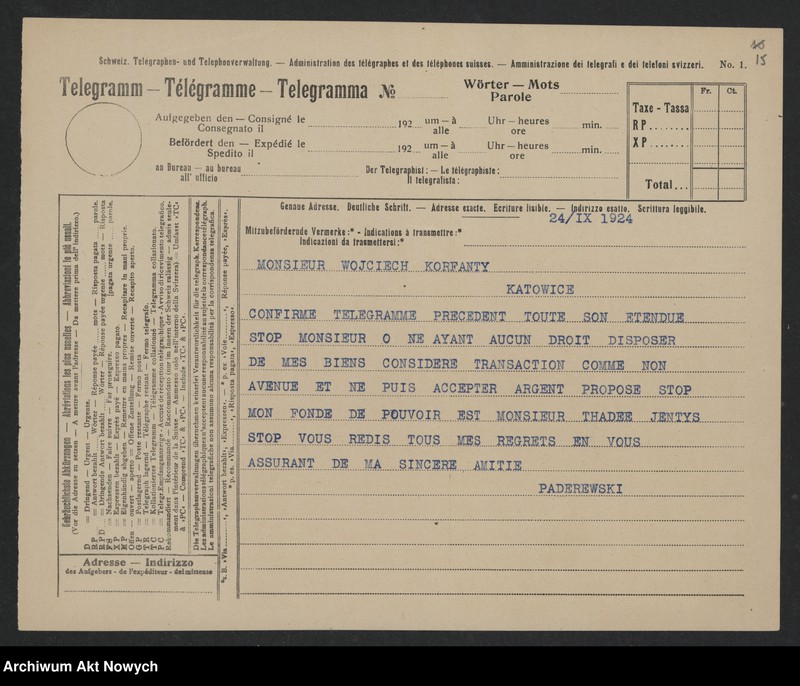 image.from.unit.number "Korfanty Wojciech; Załączniki: a) telegram I. J. Padewskiego do W. Witosa; b) zaproszenie, dotyczy "Rzeczypospolitej"; L.23 (odpowiedzi - rękopisy, maszynopisy)"