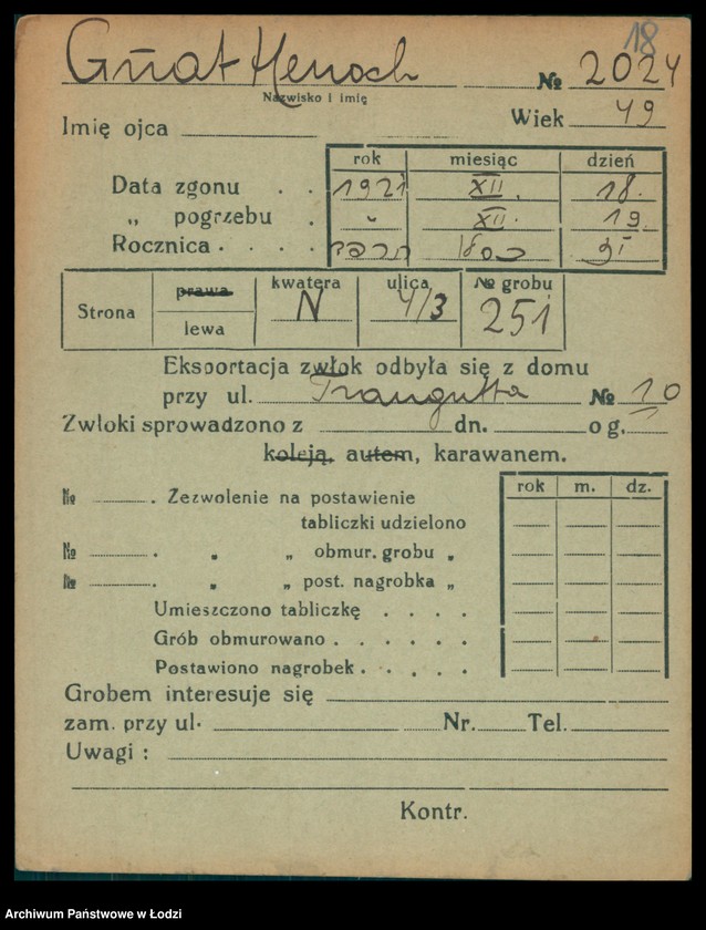 Obraz 19 z jednostki "Kartoteka osób pochowanych na cmentarzu żydowskim przy ulicy Brackiej w latach 1892-1955. Nazwiska na litery: Gl-Goldbe"