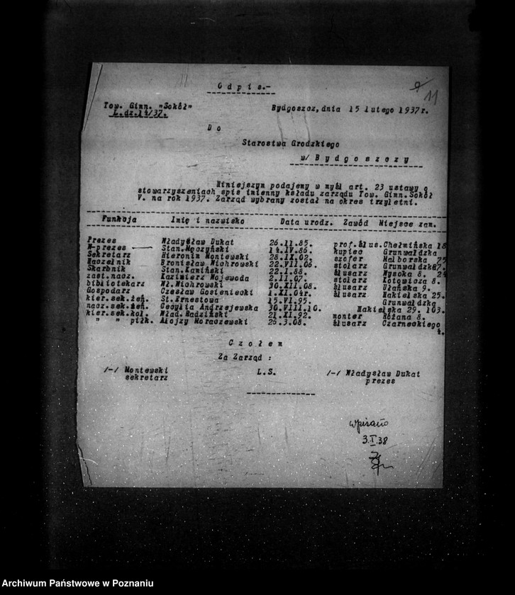 Obraz 15 z jednostki "/Towarzystwo Gimnastyczne Sokół V Bydgoszcz- rejestracja/"