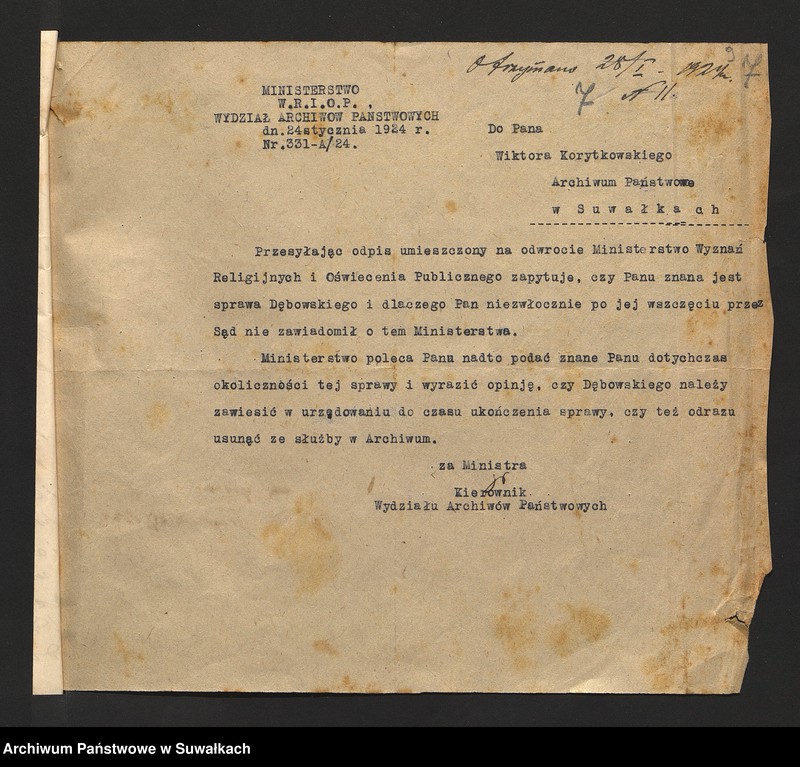 image.from.unit.number "[Korespondencja w sprawie danych personalnych woźnego Władysława Dębowskiego]"
