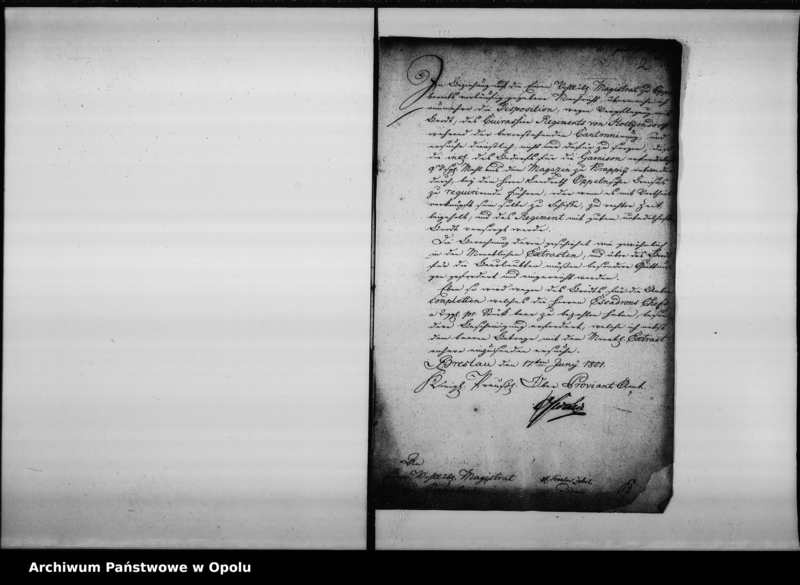 Obraz 6 z jednostki "Acta des Magistrats zu Oppeln betreffend Verpflegung des v[on] Holtzendorffschen Cürassier Regiments"