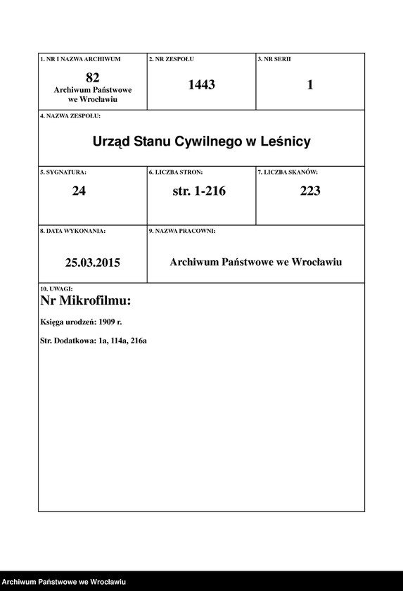 image.from.unit.number "Księga urodzeń Leśnica (Deutsch Lissa) 1909"