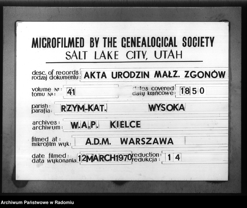 image.from.unit.number "Duplikat akt Religijno - Cywilnych Urodzonych, Zaszlubionych i Zmarłych Parafii Wysoka spisanych za rok 1850"