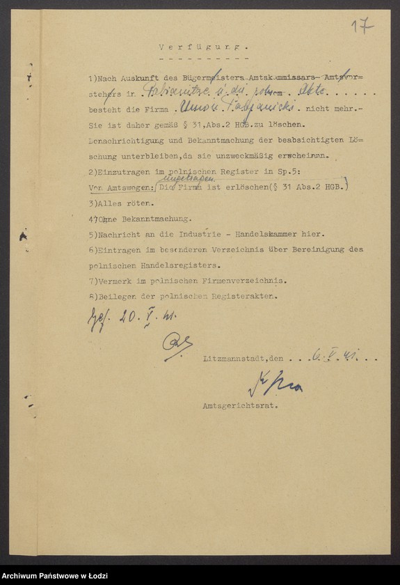 Obraz 19 z jednostki ""Union Pabjanicki"- Józef Leib Adler, Boruch Adler, Szlama Urbach, Abram Hersz Adler, Moszek Feiwel Poznański, Wolf Mendel- prowadzenie przedsiębiorstwa komisowo-ekspedycyjnego"