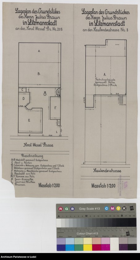 Obraz 1 z jednostki "Lageplan des Grundstückes des Herrn Julius Braun in Litzmannstadt an der Horst Wessel Strasse Nr 208"
