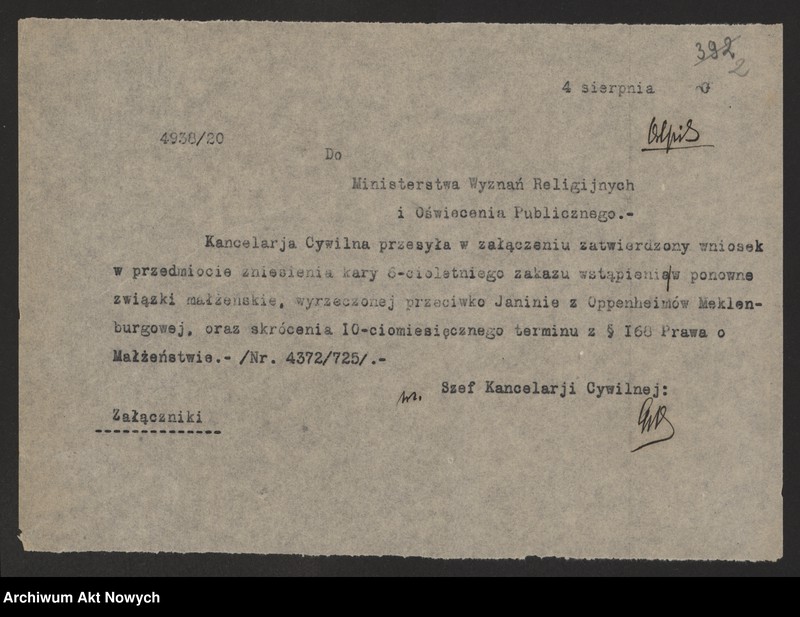 image.from.unit.number "Zniesienie wyroków Ewangelickich Sądów Konsystorskich: Augsburskiego i Reformowanego, o sześcioletnim terminie zakazu wstąpienia w ponowne związki małżeńskie oraz zakazu 10 miesięcznego.Reskrypty Naczelnika Państwa, wnioski, korespondencja z Min. Wyznań Religijnych i Oświecenia Publicznego"
