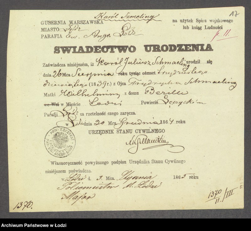 Obraz 19 z jednostki "Dowody metrykalne stałych mieszkańców m. Łodzi nr domu 1370-1371"