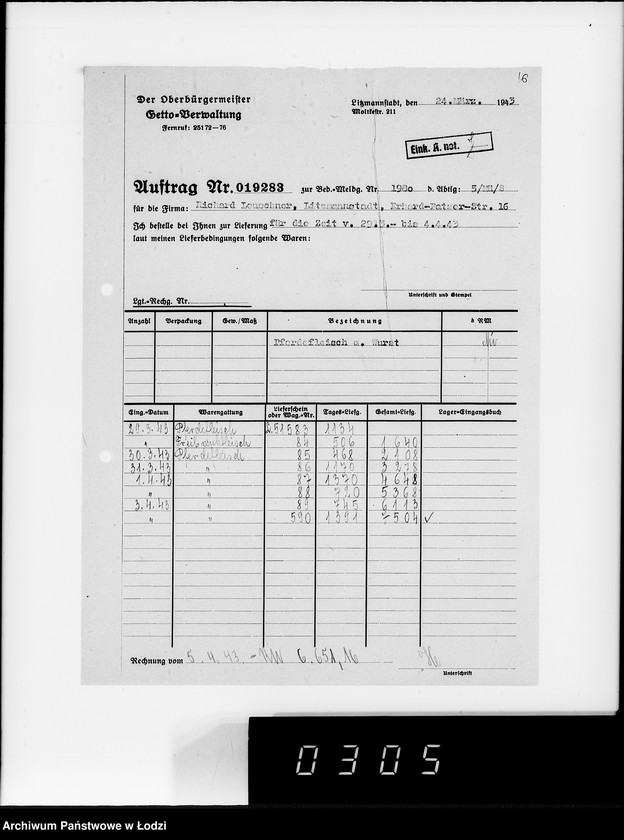 Obraz 20 z jednostki "Lebensmitteleinkauf. Aufträge, [Lieferscheinen und Rechnungen] 19281-19330"