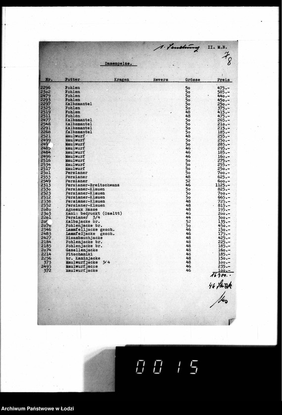 Obraz 13 z jednostki "Lieferscheine, [Zestawienia dostaw i sprzedaży futer]"