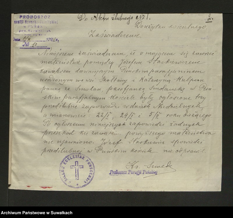 image.from.unit.number "Dokumenty Zaślubionych Smoleńskiej parafji za 1928 rok"