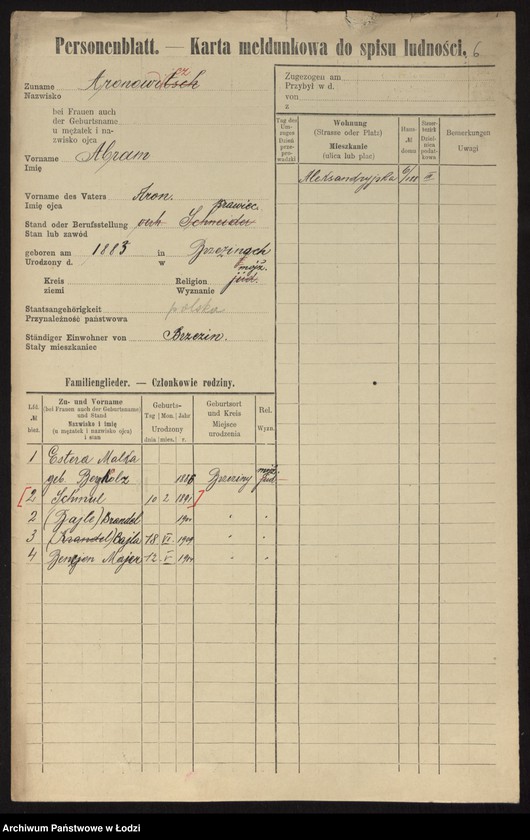 Obraz 8 z jednostki "[Spis ludności Łodzi] Aronowicz - Auerbach"