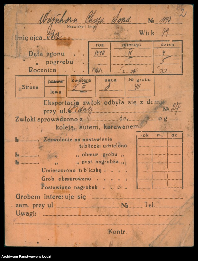 Obraz 3 z jednostki "Kartoteka osób pochowanych na cmentarzu żydowskim przy ulicy Brackiej w latach 1892-1958. Nazwiska na litery: Wajnh-Wajs"