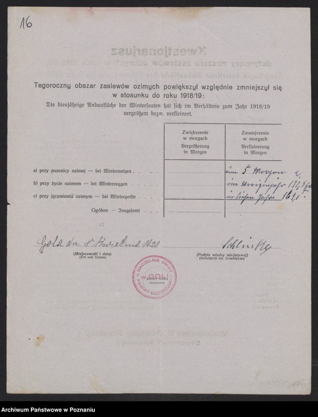 Obraz 18 z jednostki "[Kwestionariusz dotyczący zasiewów ozimych w roku 1919/1920 w powiecie babimojskim]"