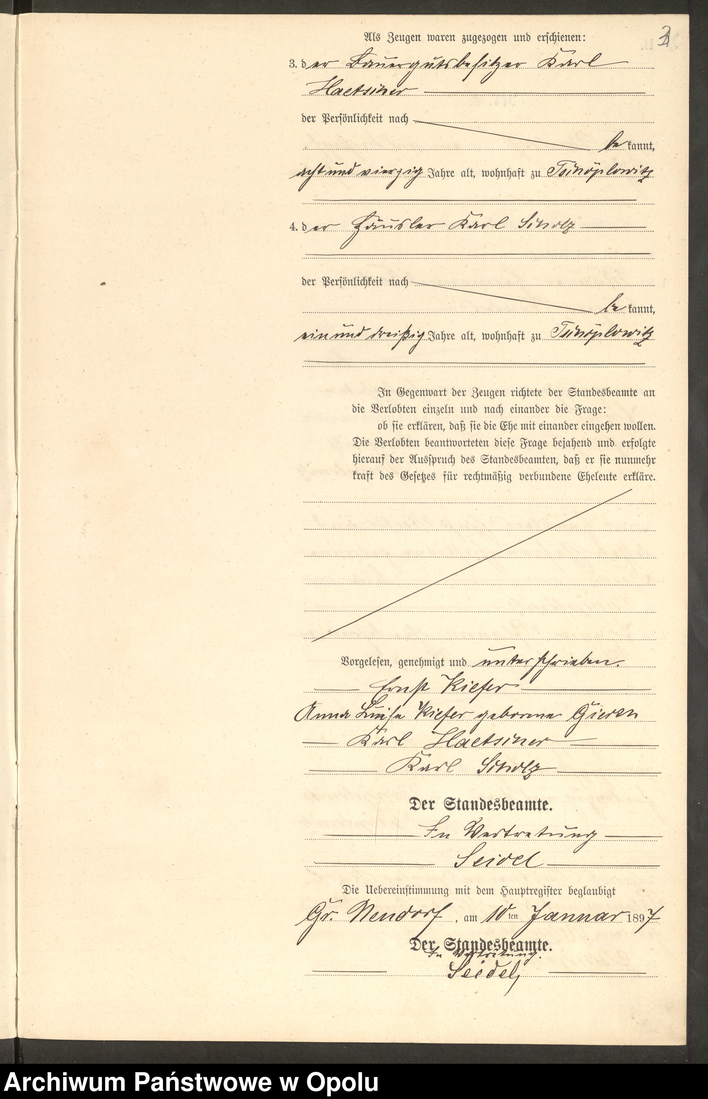 Skan z jednostki: Heiraths-Neben-Register Standes-Amt Gross Neudorf 1897